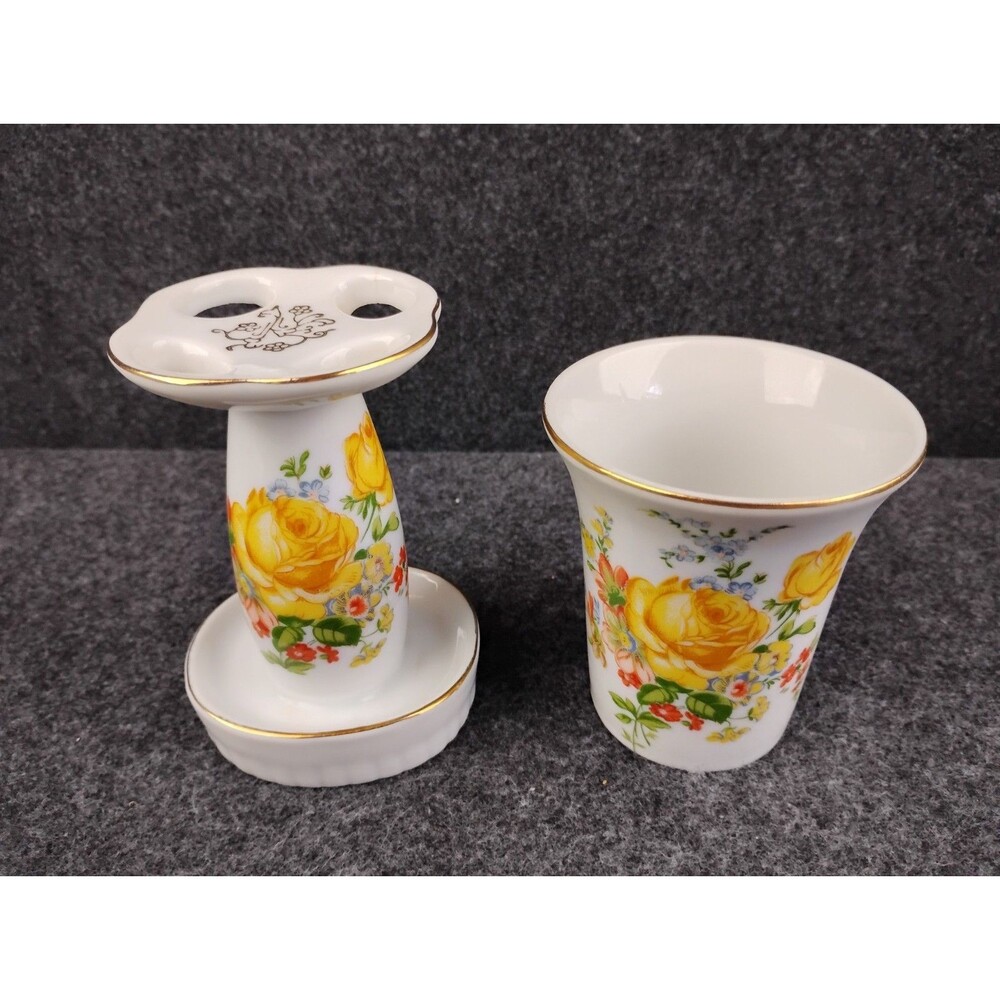 Vintage Royal Crown Japan Porcelain Bathroom Set Toothbrush Holder and Cup Roses
